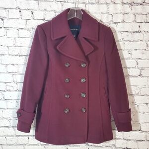 Lands End Double-Breasted Wool/Viscose Pea Coat/Jacket Size 2P Plum Burgundy